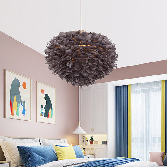 Feather Drop Pendant Simplicity Lamp - 1-Light Hemispherical Grey/White/Pink Bedroom Hanging Grey