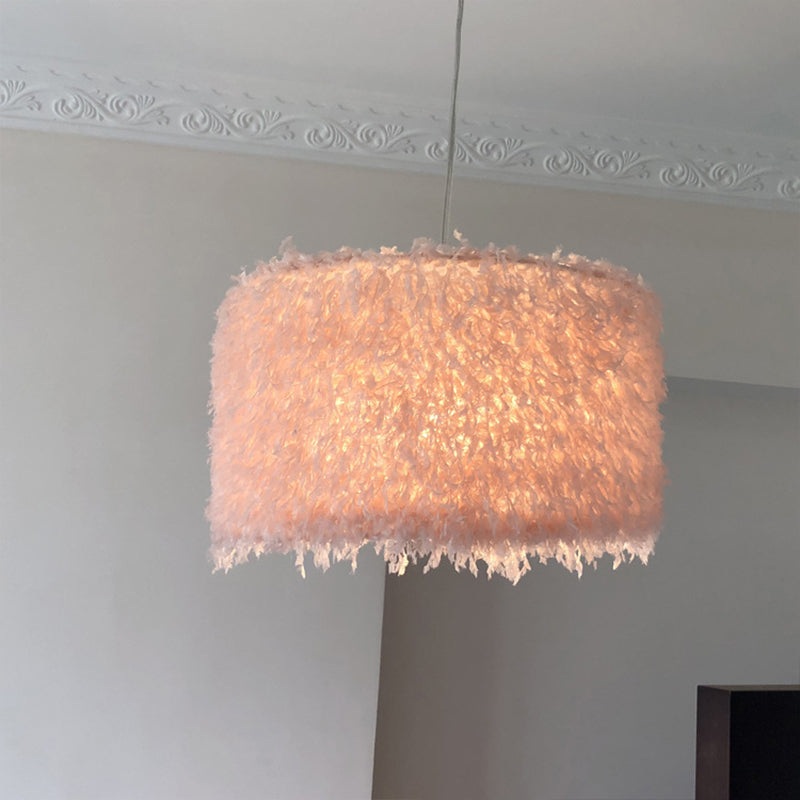 Nordic Pink/White Feathered Pendant Lamp - 1 Bulb, Cylindrical/Drum Design - 5.5"/8"/14" Width