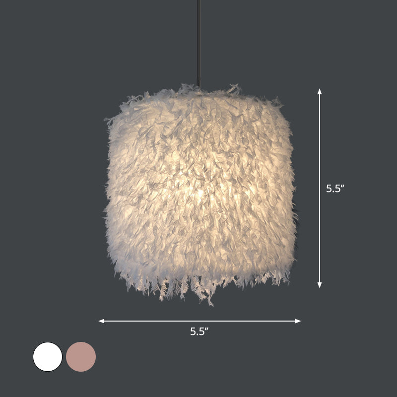 Nordic Pink/White Feathered Pendant Lamp - 1 Bulb, Cylindrical/Drum Design - 5.5"/8"/14" Width