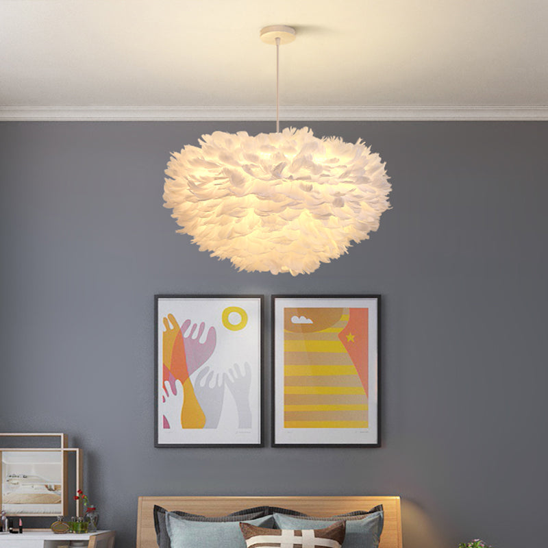Dome Bedroom Feather Chandelier Pendant - 19.5"/23.5" Wide - Grey/White/Pink - Simple Hanging Light with 5 Bulbs