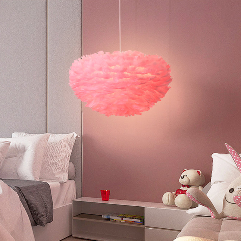 Dome Bedroom Feather Chandelier Pendant - 19.5"/23.5" Wide - Grey/White/Pink - Simple Hanging Light with 5 Bulbs