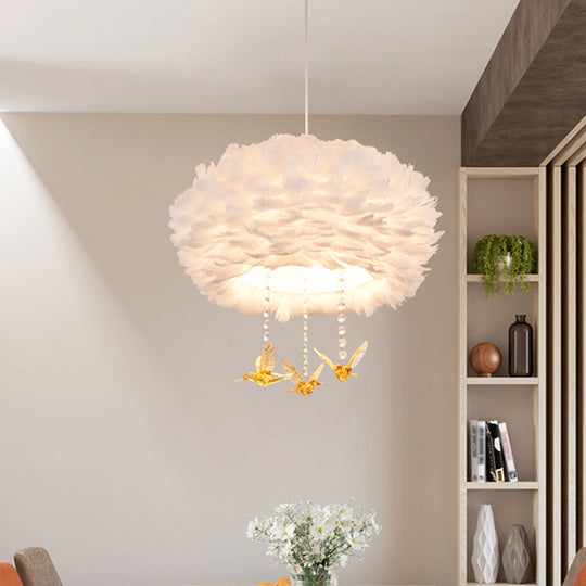 Nordic White Chandelier With Goose Feather Drums Bird Deco & 5 Lights - 16-31.5 Width / 16