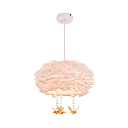 Nordic White Chandelier With Goose Feather Drums Bird Deco & 5 Lights - 16-31.5 Width