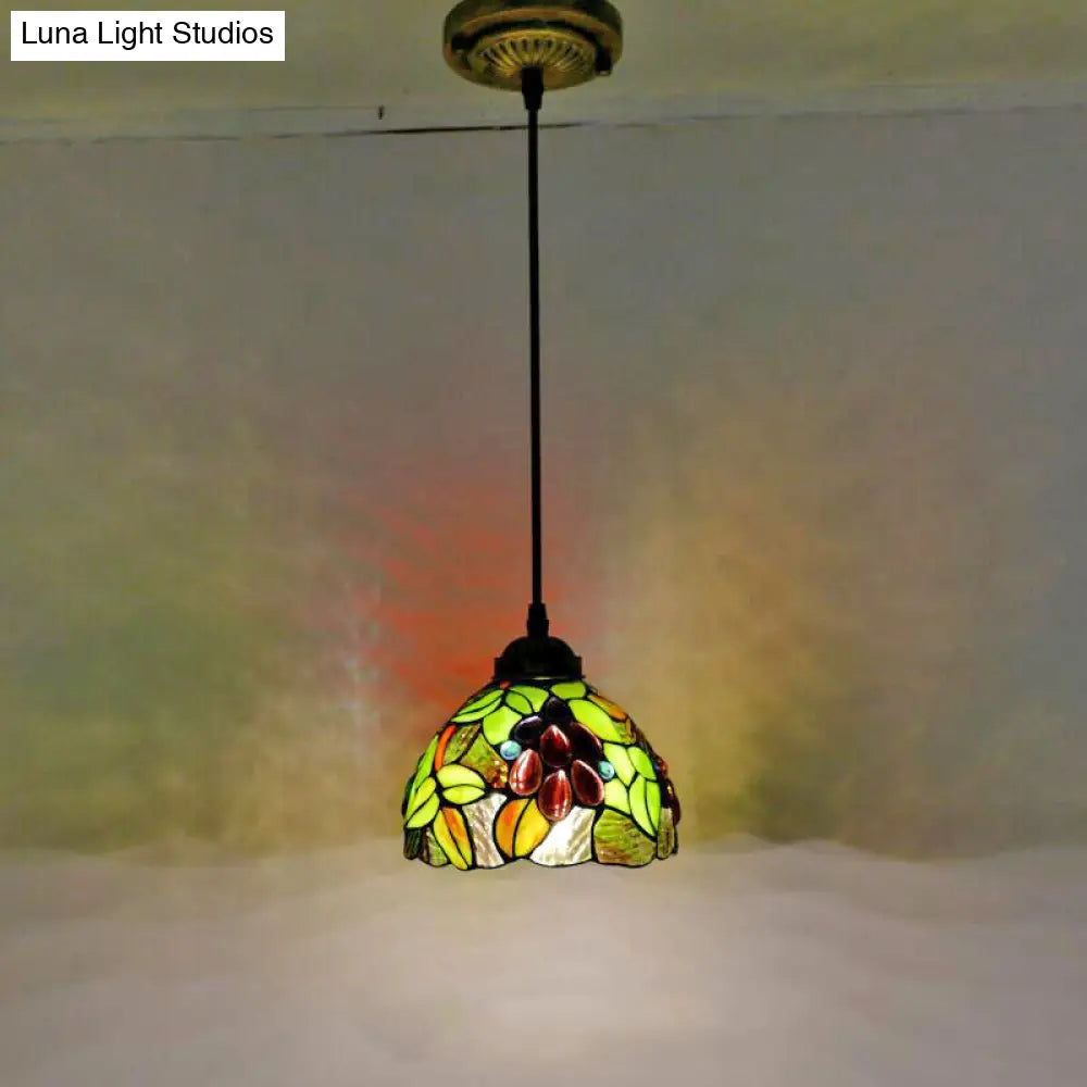 Grape Stained Glass Pendant Light With Decorative Dome Shade For Suspended Lighting Green