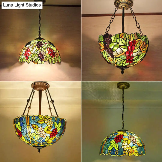 Grape Stained Glass Pendant Light With Decorative Dome Shade For Suspended Lighting