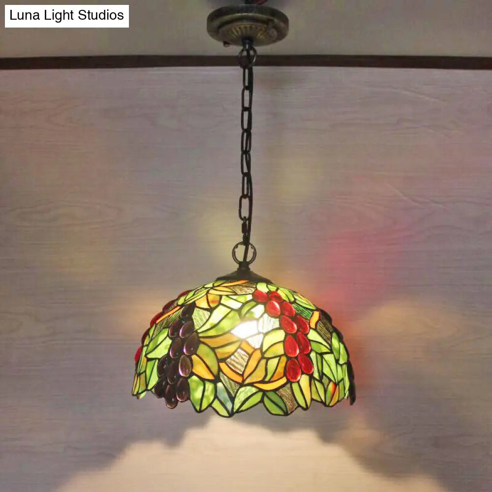 Grape Stained Glass Pendant Light With Decorative Dome Shade For Suspended Lighting Olive Green