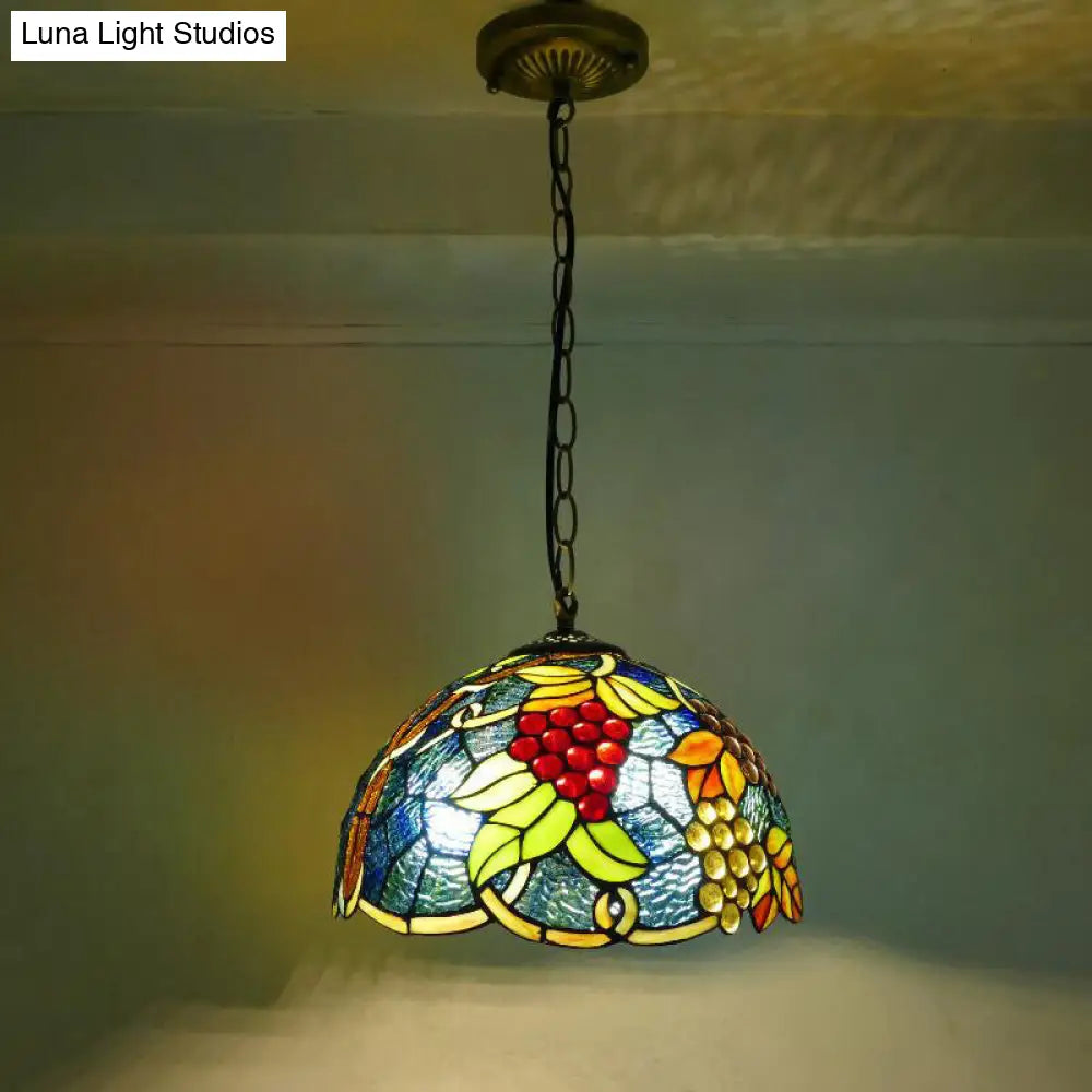 Grape Stained Glass Pendant Light With Decorative Dome Shade For Suspended Lighting Blue