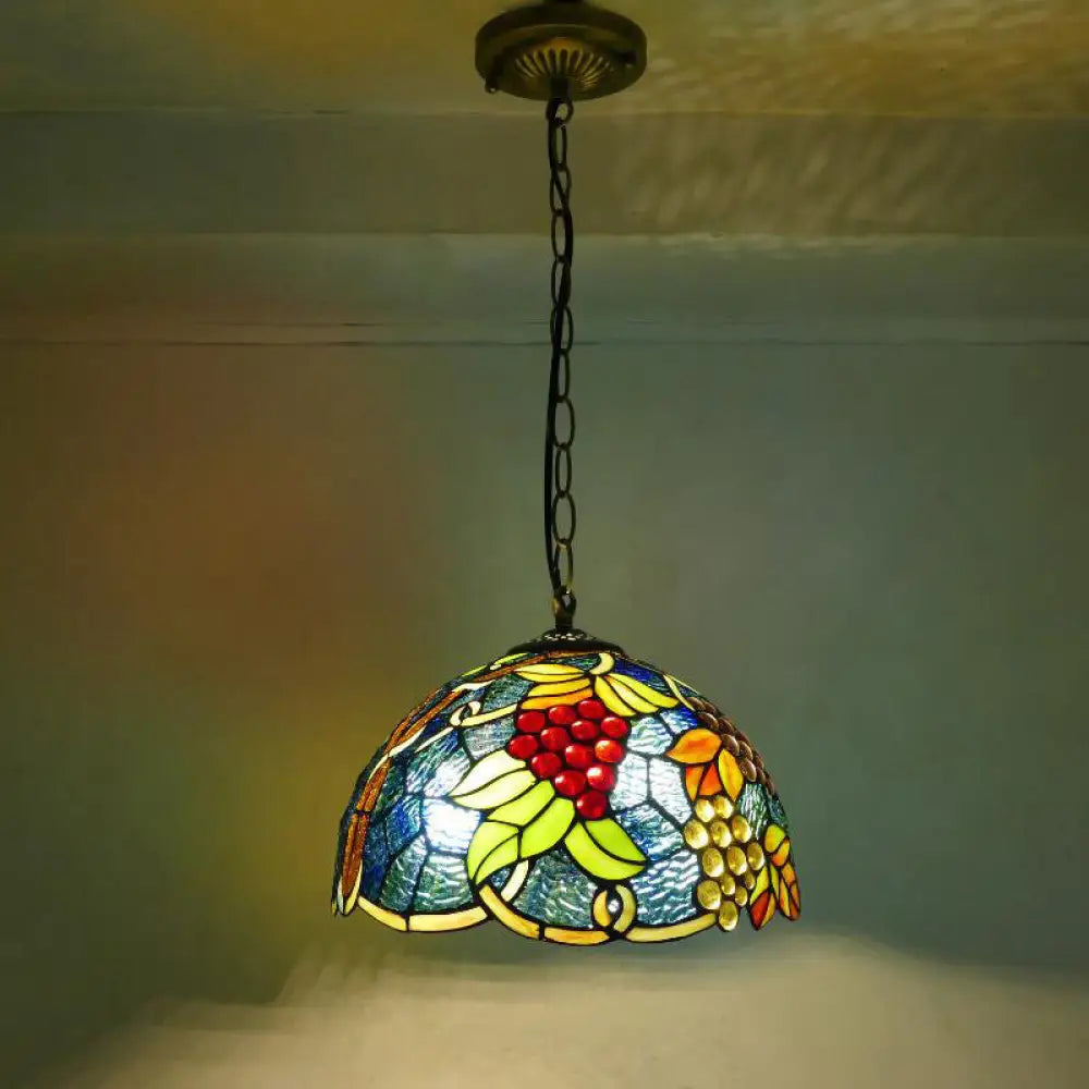 1Stained Glass Pendant Light Fixture With Decorative Dome Shade - Grape-Inspired Suspension