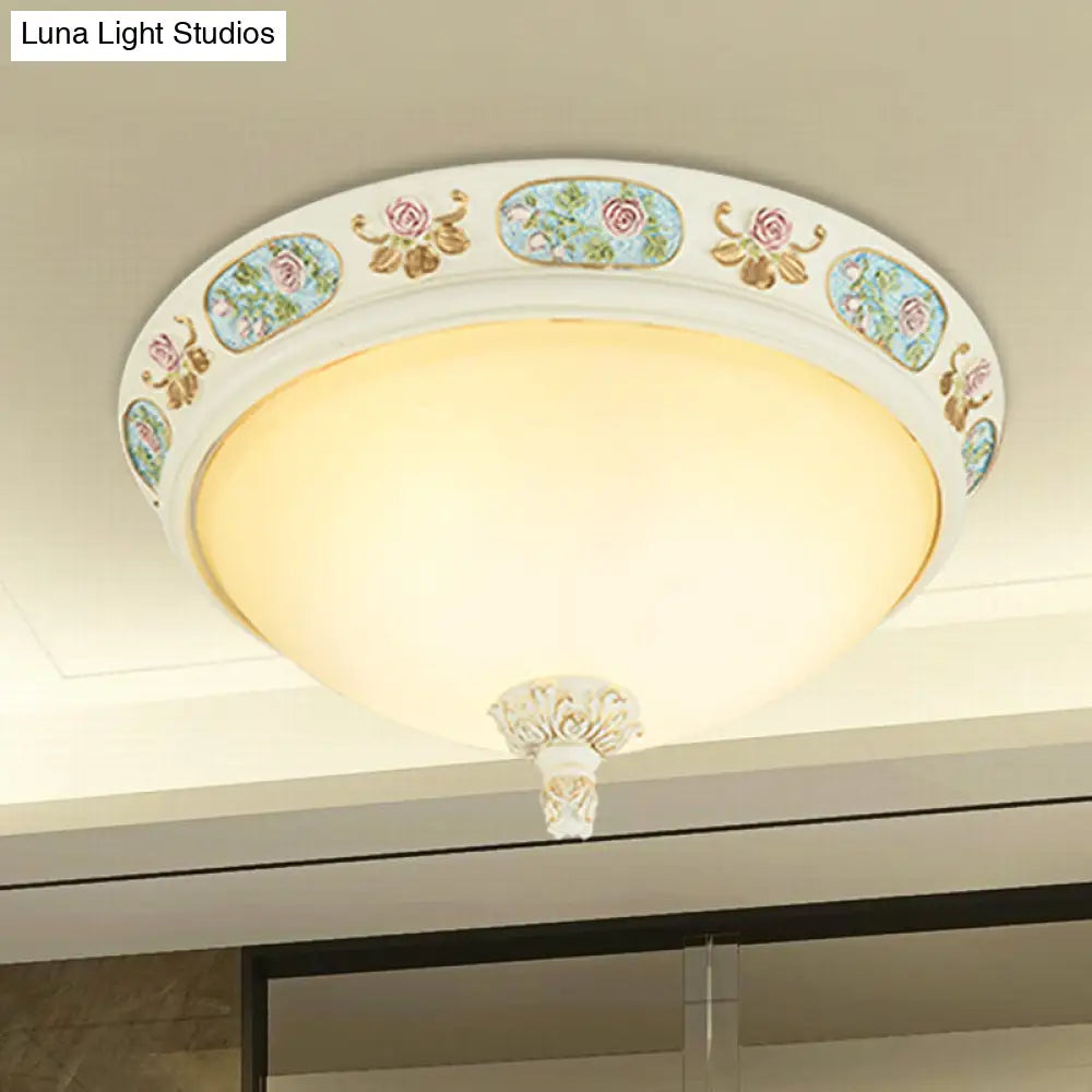 2/3 - Head Flush Mount Opaline Glass Dome Ceiling Light With Flower Decor In Blue And White