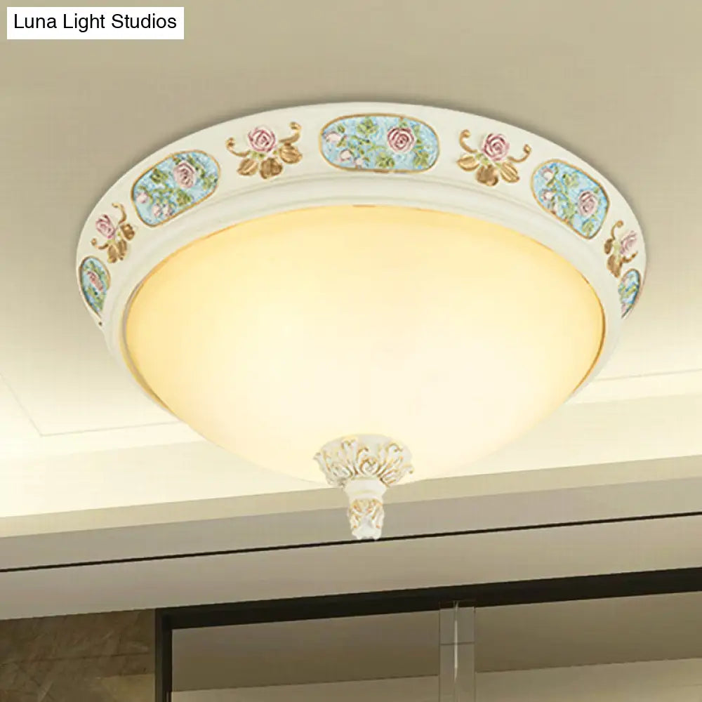2/3-Head Flush Mount Opaline Glass Dome Ceiling Light With Flower Decor In Blue And White 14/19 Wide