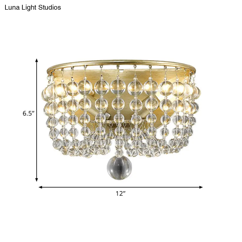 2-Bulb Countryside Beaded Crystal Wall Sconce Lamp In Gold For Living Room