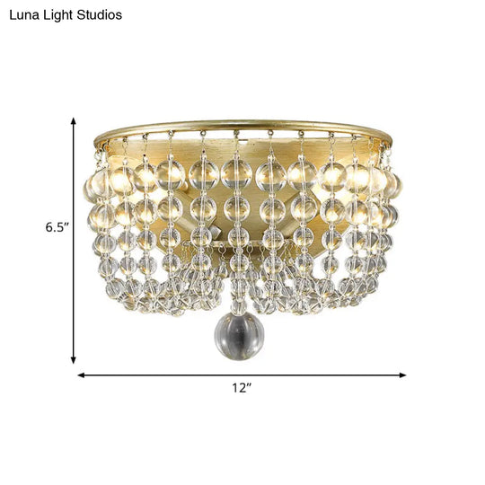 2-Bulb Countryside Beaded Crystal Wall Sconce Lamp In Gold For Living Room