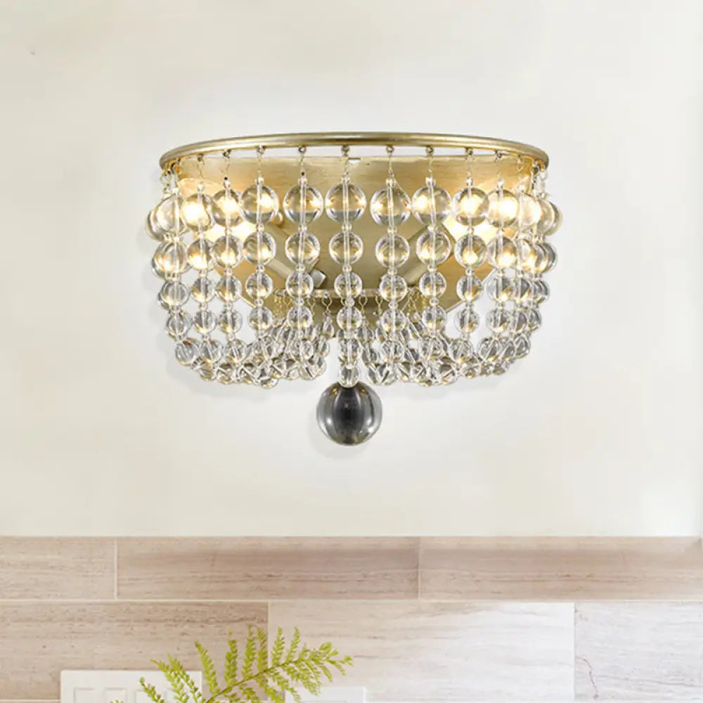 2-Bulb Countryside Beaded Crystal Wall Sconce Lamp In Gold For Living Room
