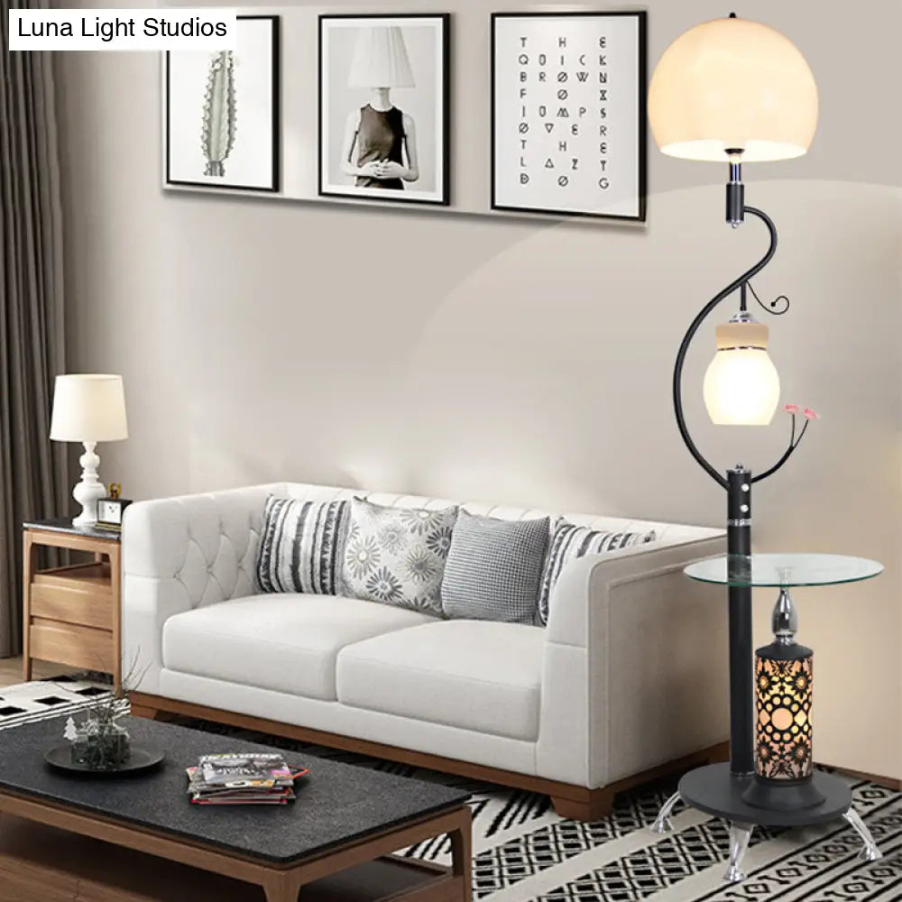 2-Bulb Countryside Style Black/White Dome Shade Floor Lamp With Beveled Crystal Accents