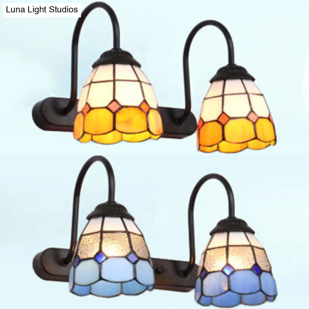 2-Head Baroque Blue/Yellow Glass Wall Mount Vanity Lighting Fixture With Grid Pattern