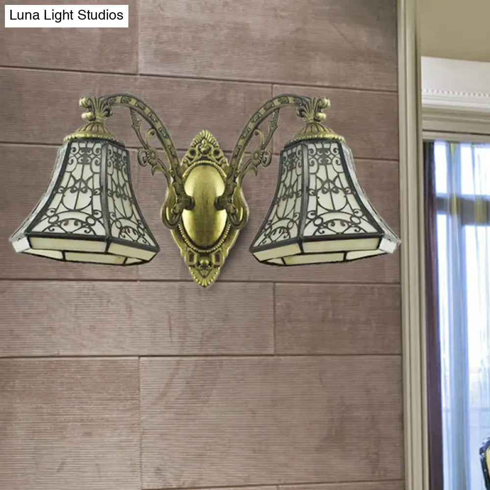 2-Head Beige Glass Bell Wall Sconce With Rustic Lodge Fence Design