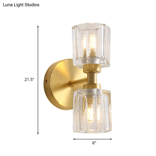 2-Head Clear Crystal Glass Brass Wall Lamp - Traditional Up-Down Mount Lighting