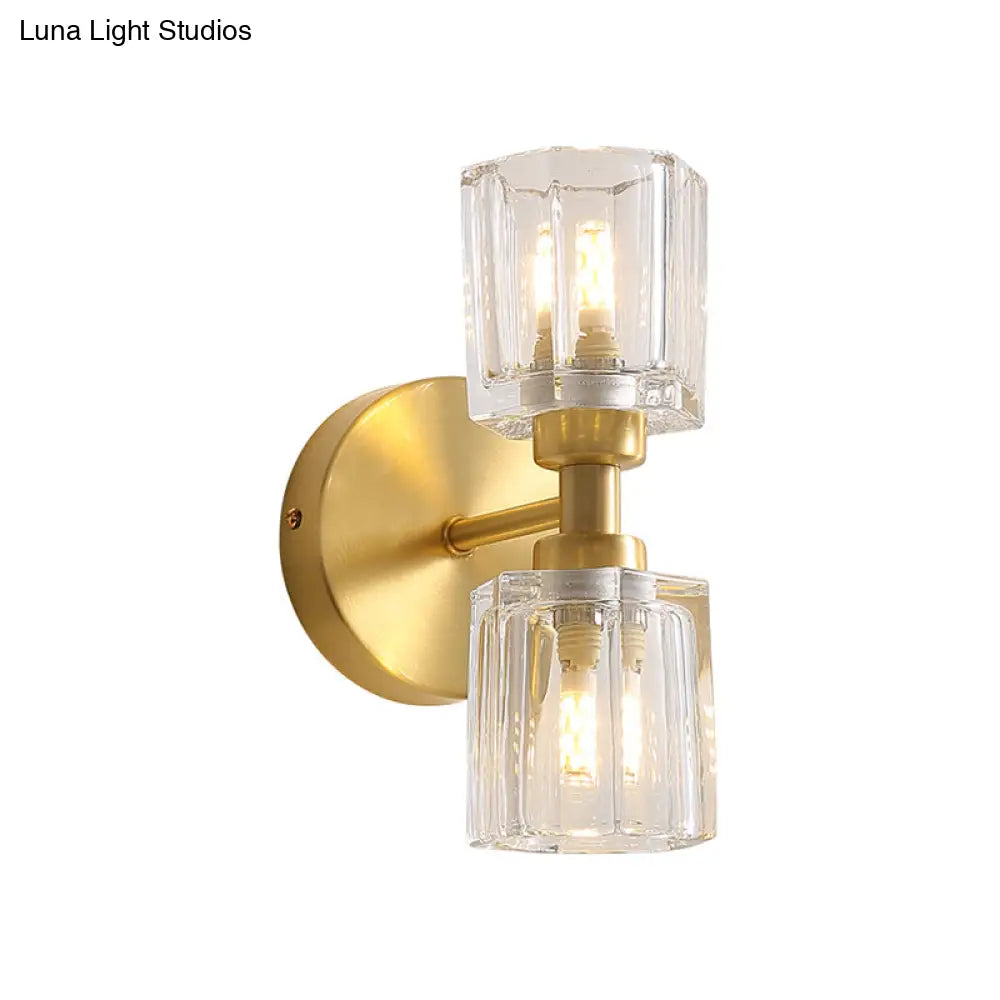 2-Head Clear Crystal Glass Brass Wall Lamp - Traditional Up-Down Mount Lighting