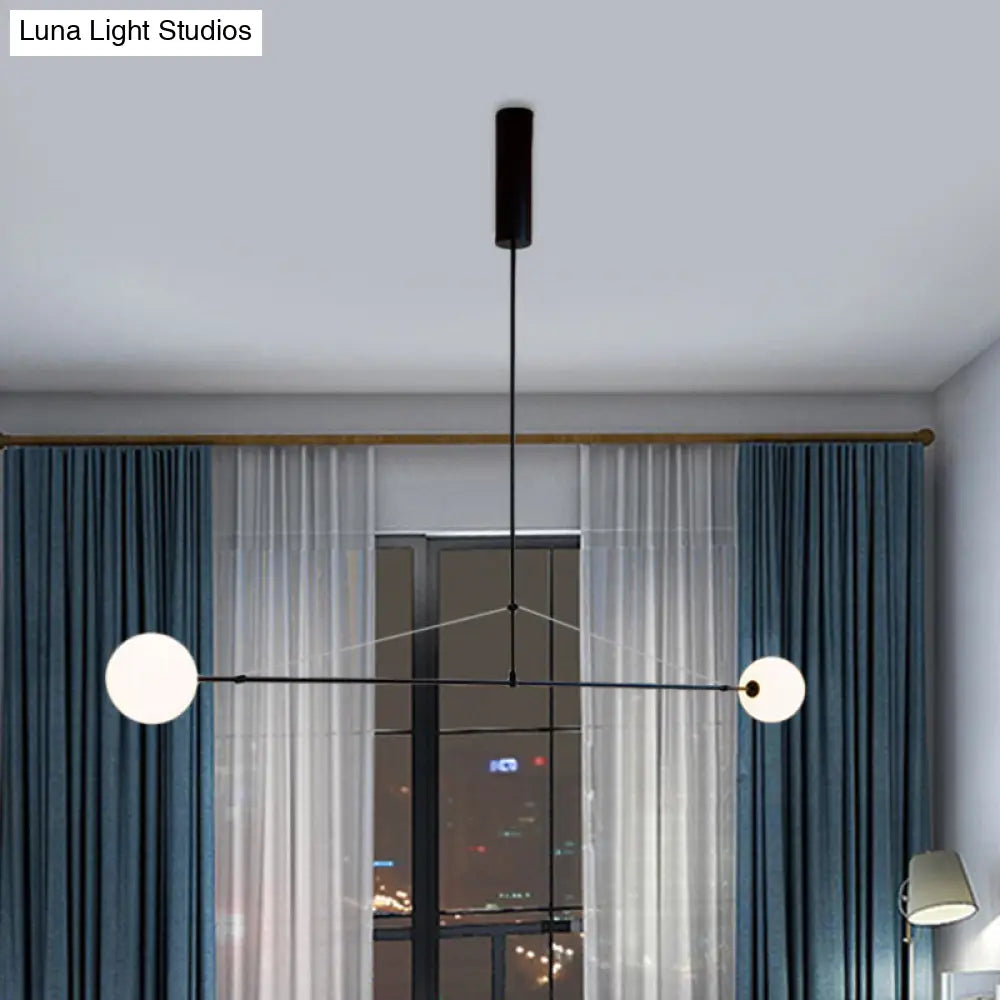 2-Head Indoor Pendant Light With Global White Glass Shade - Minimalist Black Chandelier Lamp