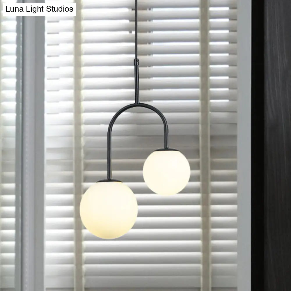 Modern White Glass Hanging Pendant Light With Black/Gold Suspension - 2 Heads Arc Arm Black