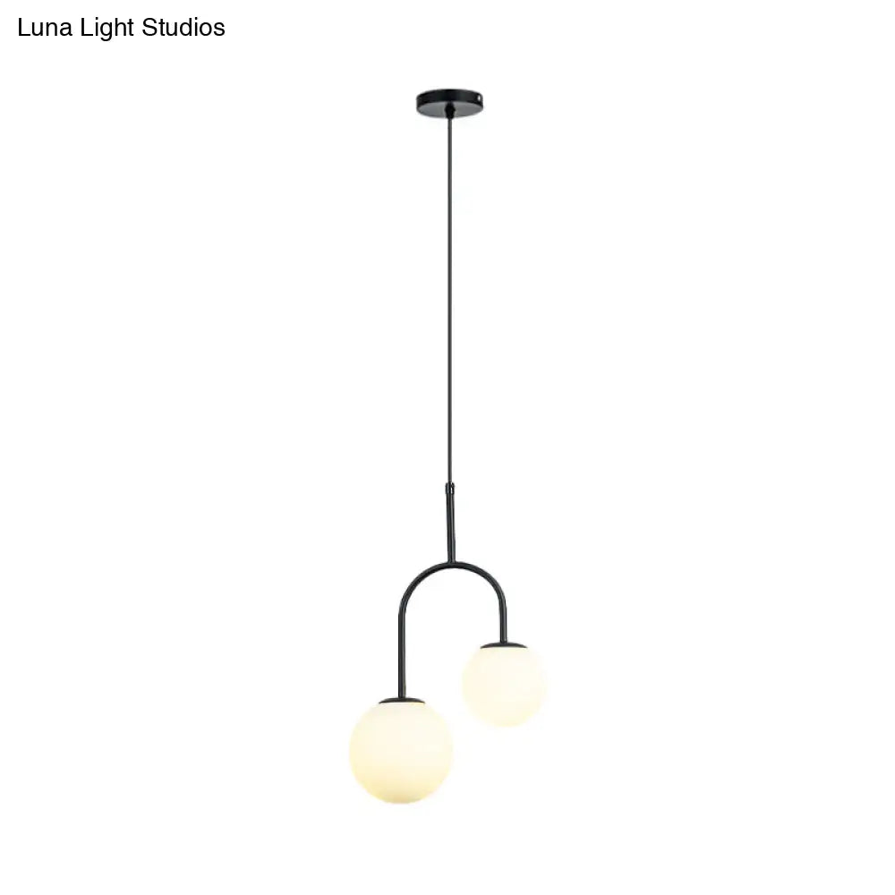 Modern White Glass Hanging Pendant Light With Black/Gold Suspension - 2 Heads Arc Arm