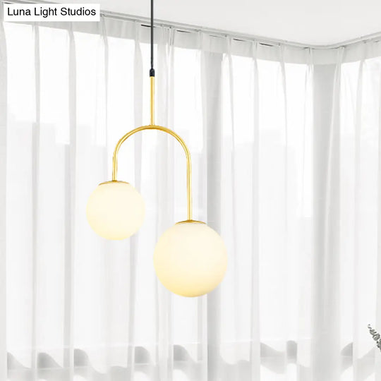 2-Head Modern White Glass Pendant Light With Black/Gold Suspension And Arc Arm