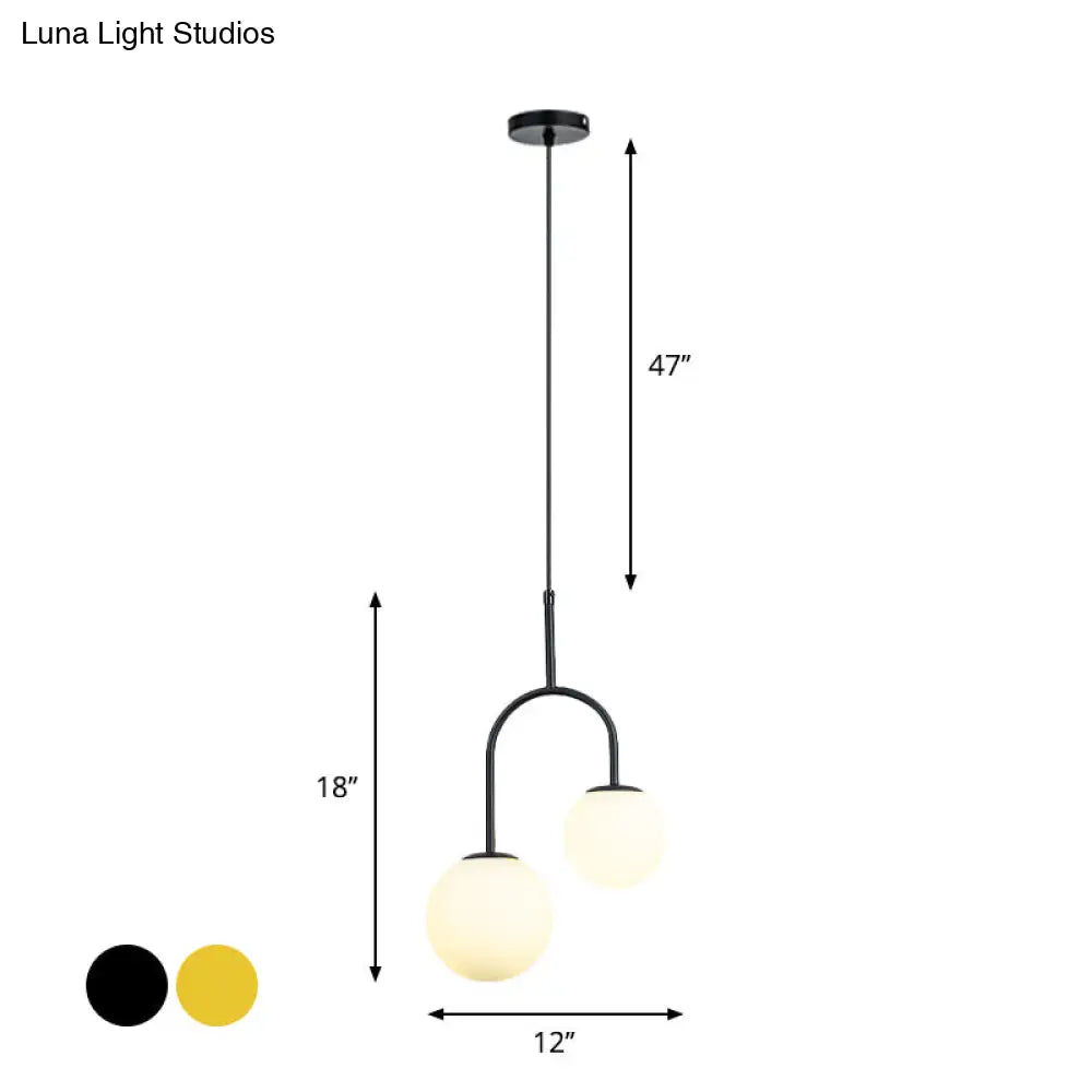 Modern White Glass Hanging Pendant Light With Black/Gold Suspension - 2 Heads Arc Arm