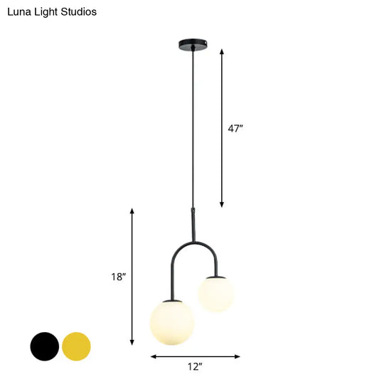 Modern White Glass Hanging Pendant Light With Black/Gold Suspension - 2 Heads Arc Arm