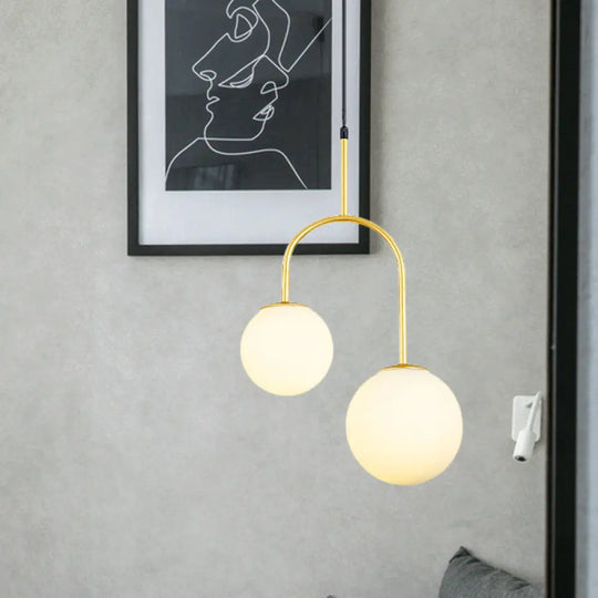 2-Head Modern White Glass Pendant Light With Black/Gold Suspension And Arc Arm Gold