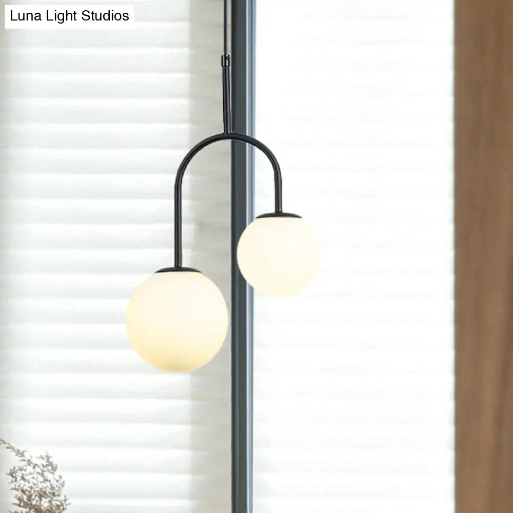 2-Head Modern White Glass Pendant Light With Black/Gold Suspension And Arc Arm