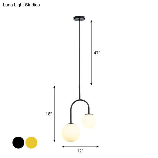 2-Head Modern White Glass Pendant Light With Black/Gold Suspension And Arc Arm