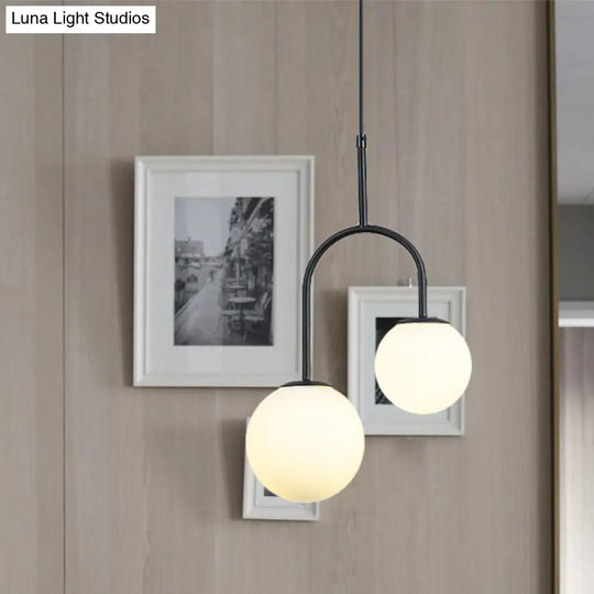 2-Head Modern White Glass Pendant Light With Black/Gold Suspension And Arc Arm