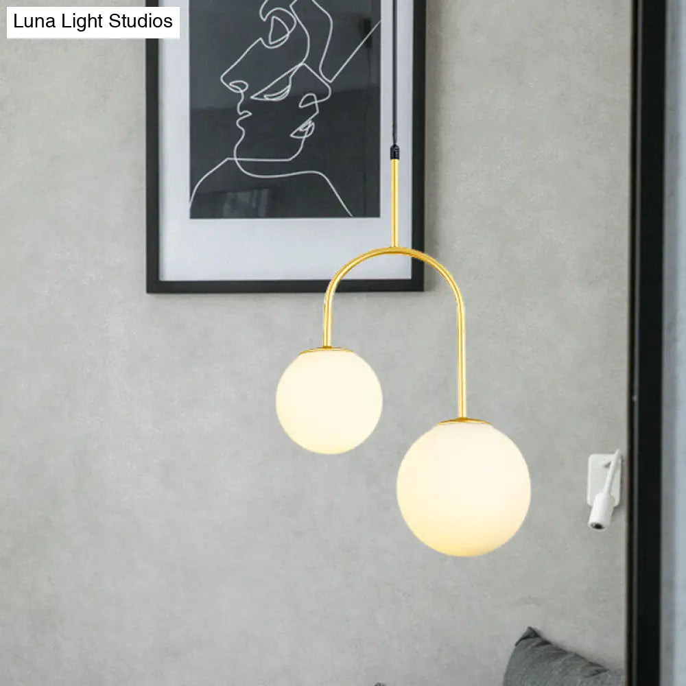 Modern White Glass Hanging Pendant Light With Black/Gold Suspension - 2 Heads Arc Arm Gold