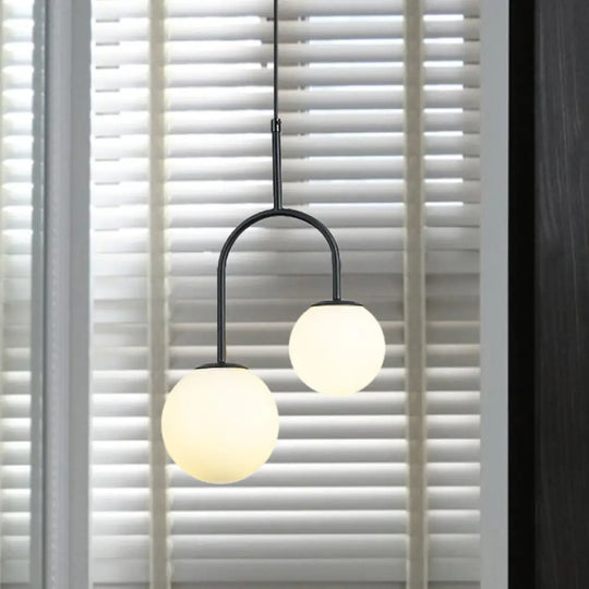 2-Head Modern White Glass Pendant Light With Black/Gold Suspension And Arc Arm Black