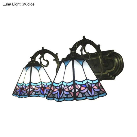 2-Head Pyramid Stained Glass Sconce Light With Tiffany Style - Black/Brass/Bronze Wall Mount Fixture