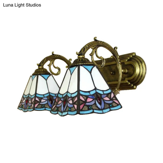 2-Head Pyramid Stained Glass Sconce Light With Tiffany Style - Black/Brass/Bronze Wall Mount Fixture