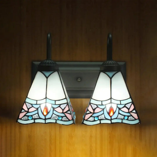 2-Head Pyramid Stained Glass Sconce Light With Tiffany Style - Black/Brass/Bronze Wall Mount Fixture