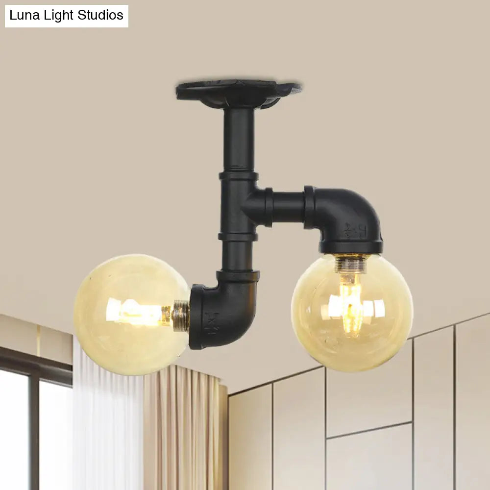 2 - Head Semi - Flush Industrial Ball Amber Glass Ceiling Fixture In Black