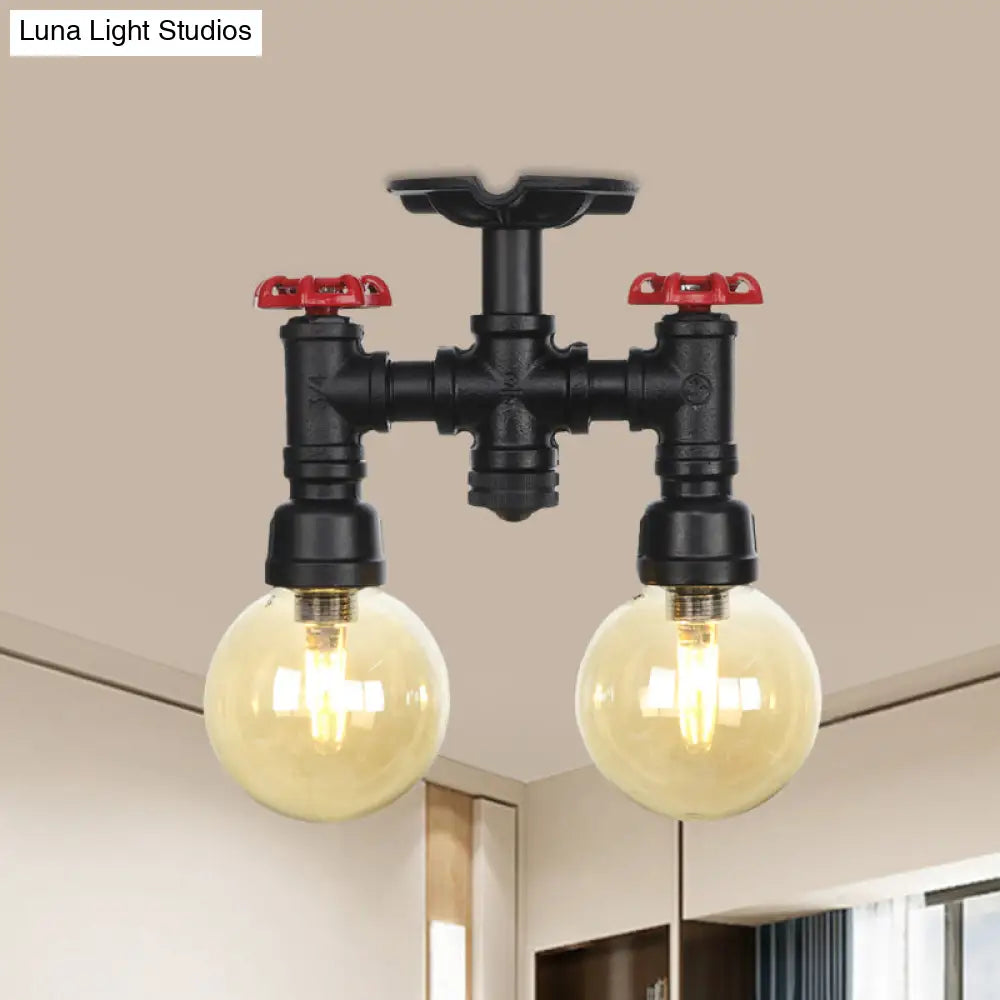 2 - Head Semi - Flush Industrial Ball Amber Glass Ceiling Fixture In Black