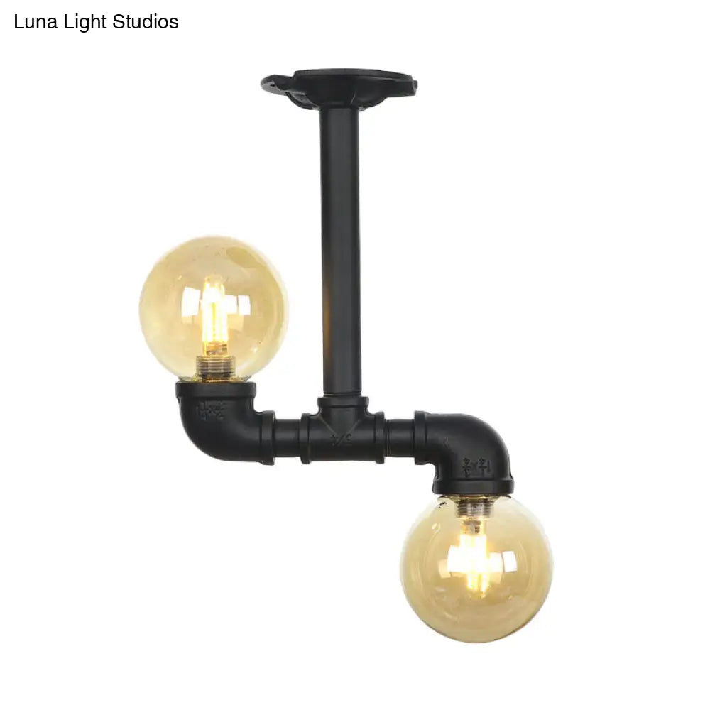 2 - Head Semi - Flush Industrial Ball Amber Glass Ceiling Fixture In Black