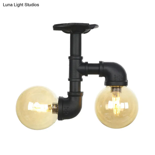 2 - Head Semi - Flush Industrial Ball Amber Glass Ceiling Fixture In Black