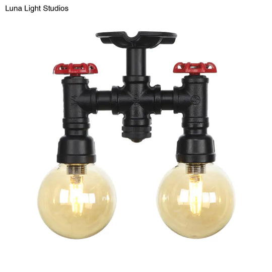 2 - Head Semi - Flush Industrial Ball Amber Glass Ceiling Fixture In Black