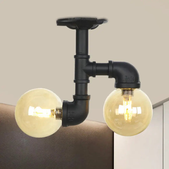 2 - Head Semi - Flush Industrial Ball Amber Glass Ceiling Fixture In Black / C