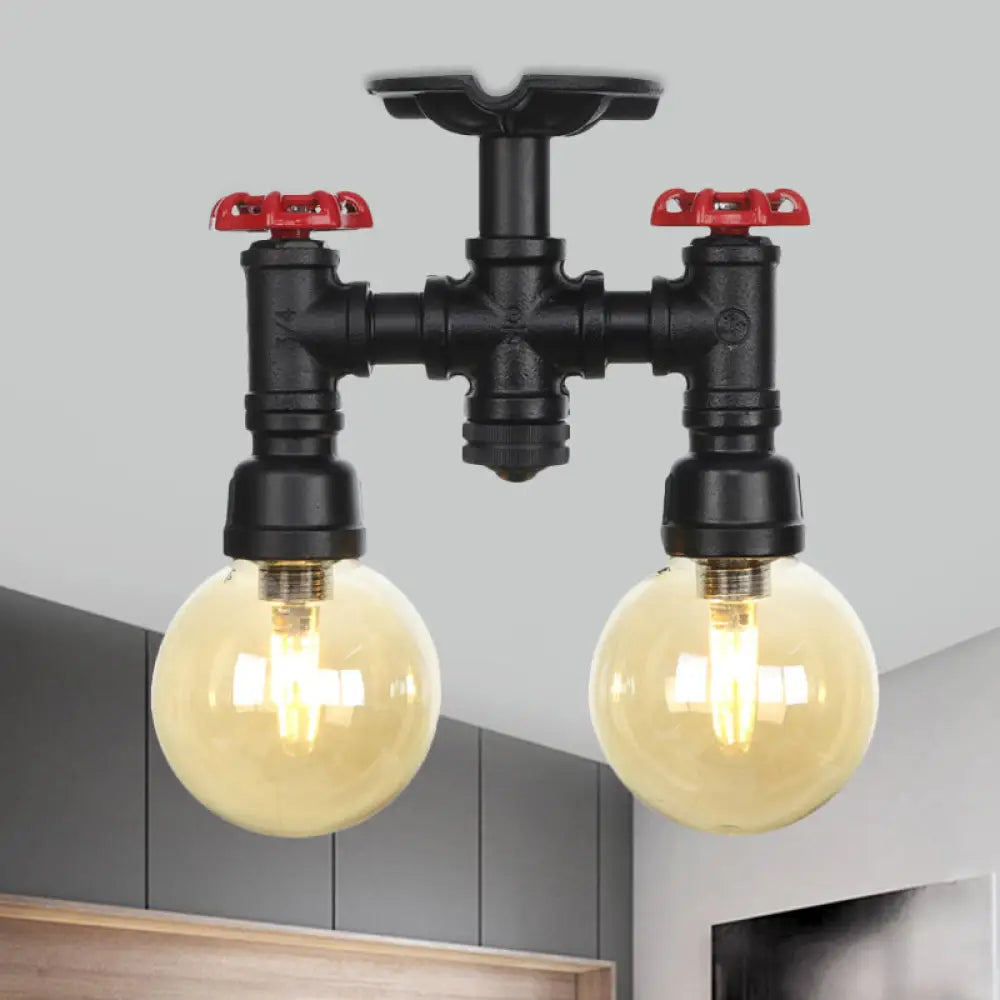 2 - Head Semi - Flush Industrial Ball Amber Glass Ceiling Fixture In Black / D