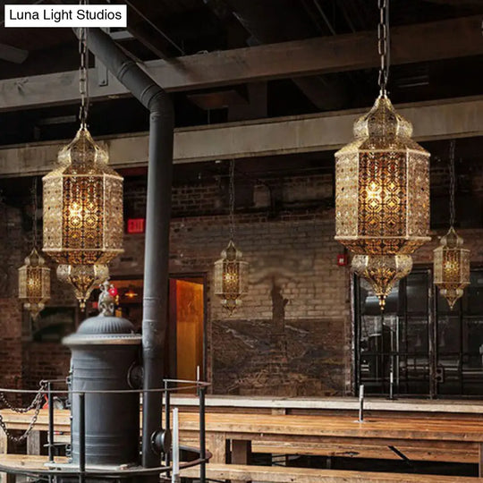 2-Head South-East Asia Cut-Out Hanging Lamp: Iron Ceiling Lighting In Bronze For Restaurants