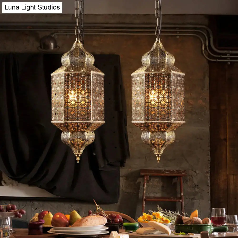 2-Head South-East Asia Cut-Out Hanging Lamp: Iron Ceiling Lighting In Bronze For Restaurants