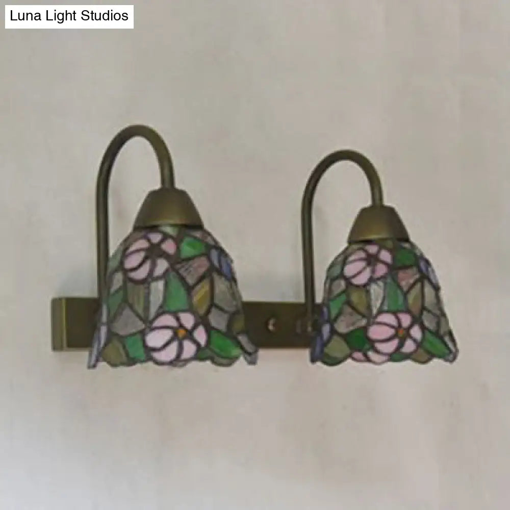 2-Head Tiffany Glass Wall Sconce Light In Flared Red/Purple/Pink With Flower Pattern