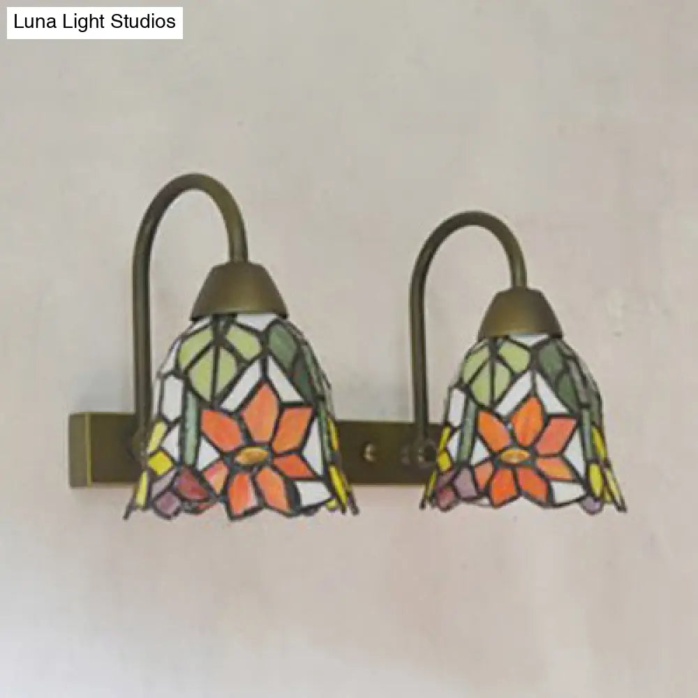 2-Head Tiffany Glass Wall Sconce Light In Flared Red/Purple/Pink With Flower Pattern