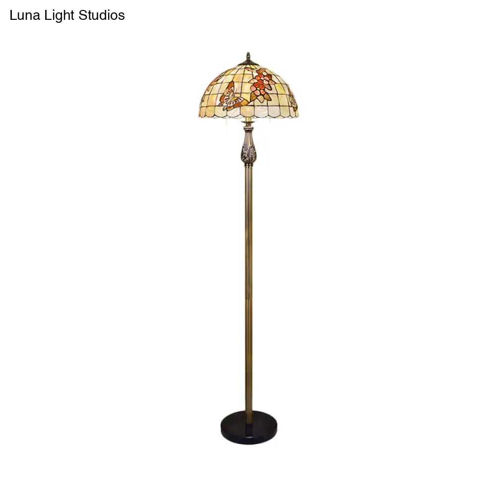 2-Head Tiffany Scalloped Dome Shell Floor Reading Lamp - Butterfly And Flower Patterned Lighting In