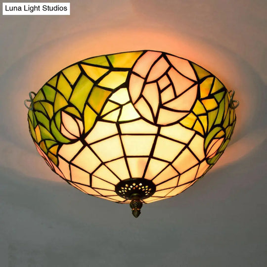 2-Head Tiffany-Style Stained Glass Rose Ceiling Flush Mount For Bedroom